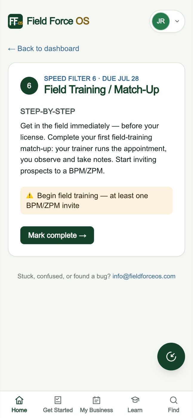 Field Force OS step-by-step training checklist item